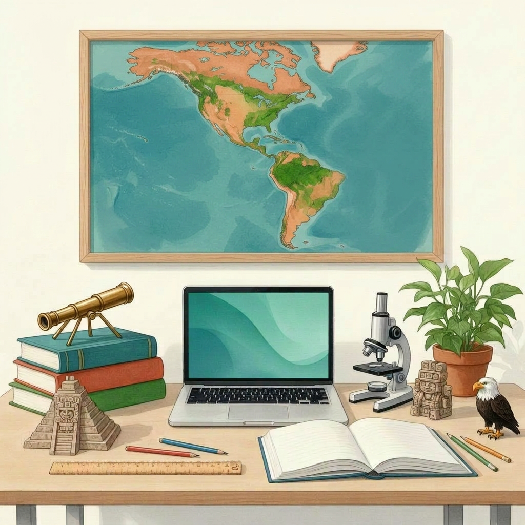 Painted illustration of a 5th grade homeschool desk: a framed map of the Western Hemisphere on the wall above a laptop, a stack of books, a microscope, an open notebook, colored pencils, a brass telescope, a Mayan pyramid figurine, a bald eagle figurine, and a potted plant.